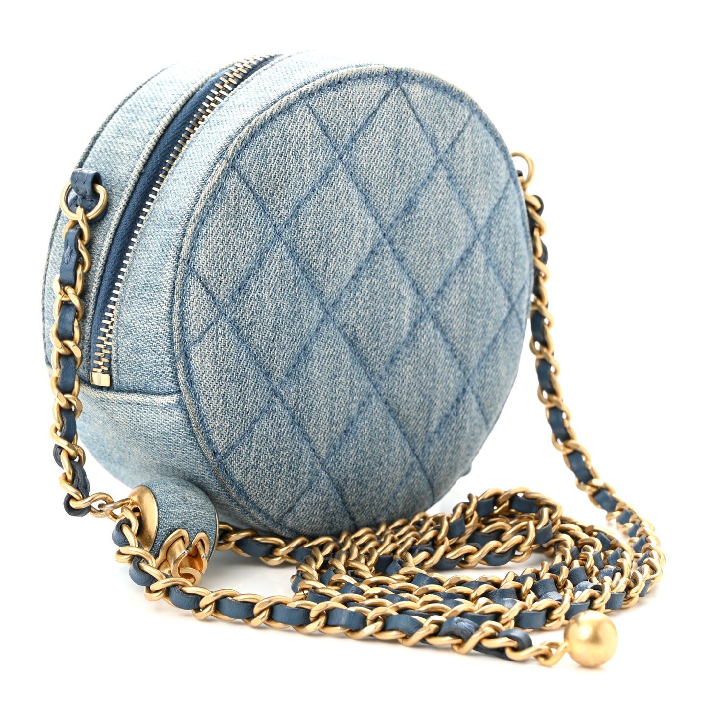 Denim Quilted Round Pearl Crush Clutch With Chain Blue