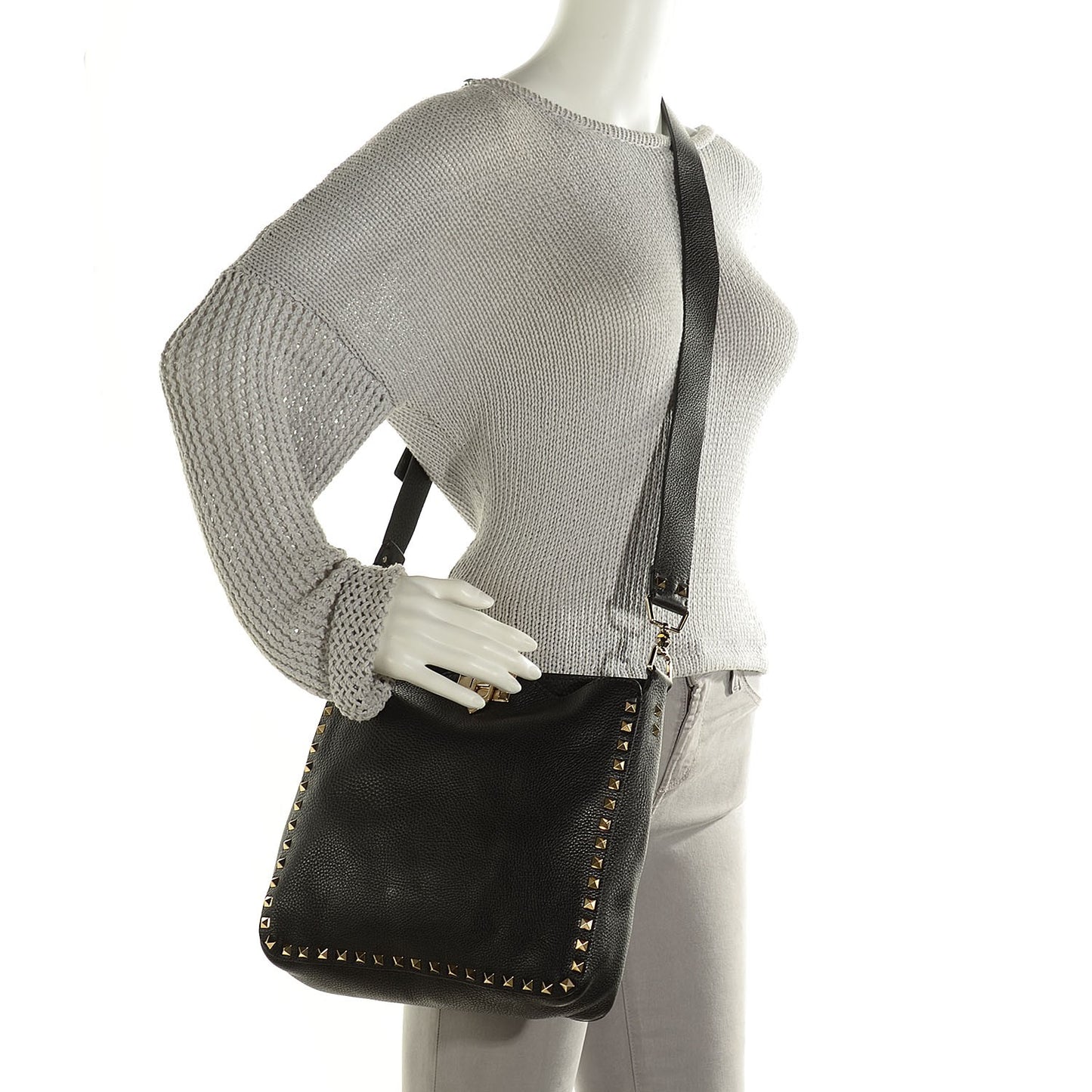 Pebbled Calfskin Small Rockstud Flip-Lock Messenger Bag Black
