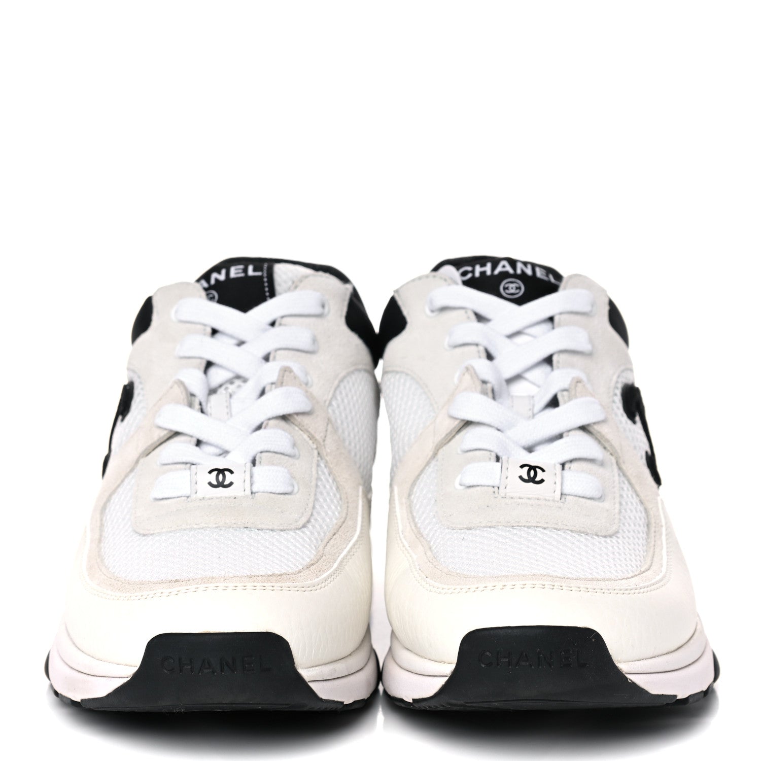 Chanel Mesh Suede Calfskin Grained Calfskin Womens CC Sneakers 39.5 White Black 2 of 11