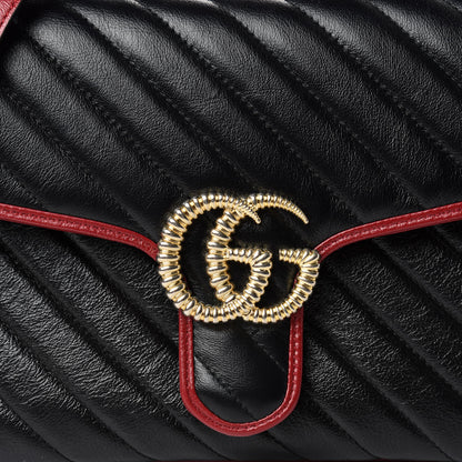 Gucci Vintage Effect Calfskin Matelasse Diagonal Small Torchon GG Marmont Top Handle Shoulder Bag Black Romantic Cherry 10 of 10