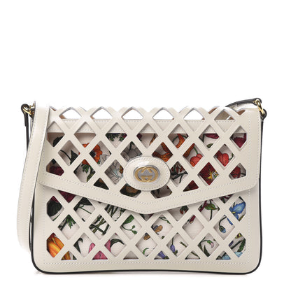 Gucci Canvas Flora Floral Calfskin Medium Cutout Shoulder Bag White Multicolor 1 of 11