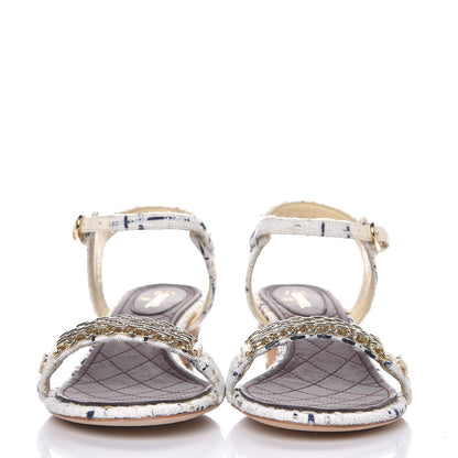 Chanel Tweed Chain Sandals 39.5 White Ecru Navy Gold 2 of 10