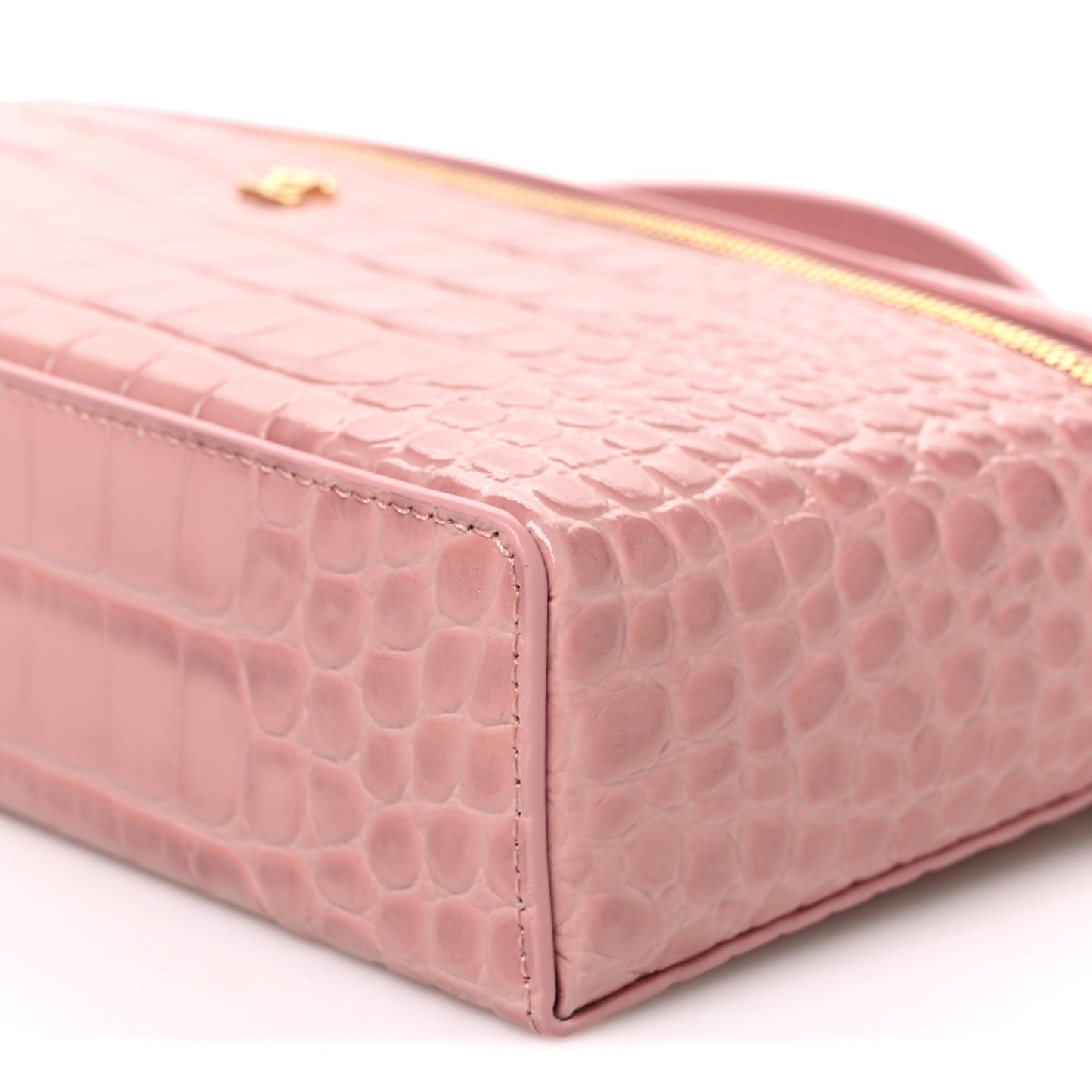 Calfskin Crocodile Embossed Crococo Top Handle Slim Vanity Case With Chain Pink