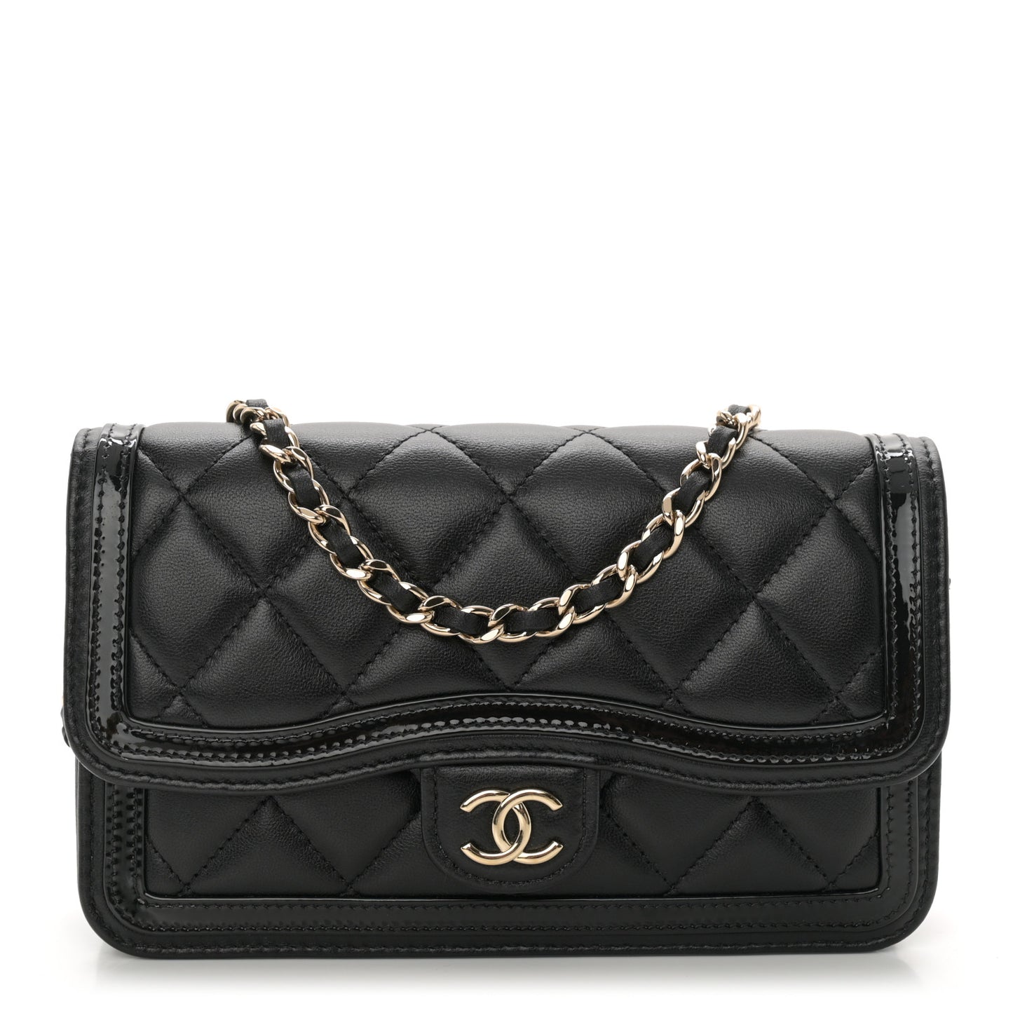 Lambskin Patent Calfskin Quilted Flap Phone Holder With Chain Black