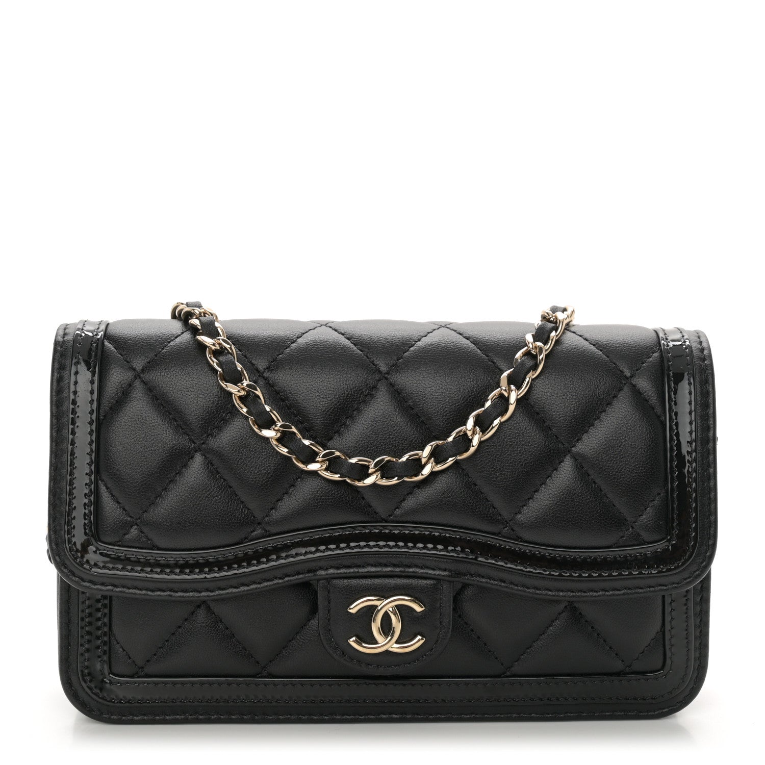 Chanel Lambskin Patent Calfskin Quilted Flap Phone Holder With Chain Black 1 of 11