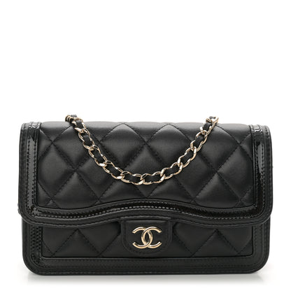 Chanel Lambskin Patent Calfskin Quilted Flap Phone Holder With Chain Black 1 of 11