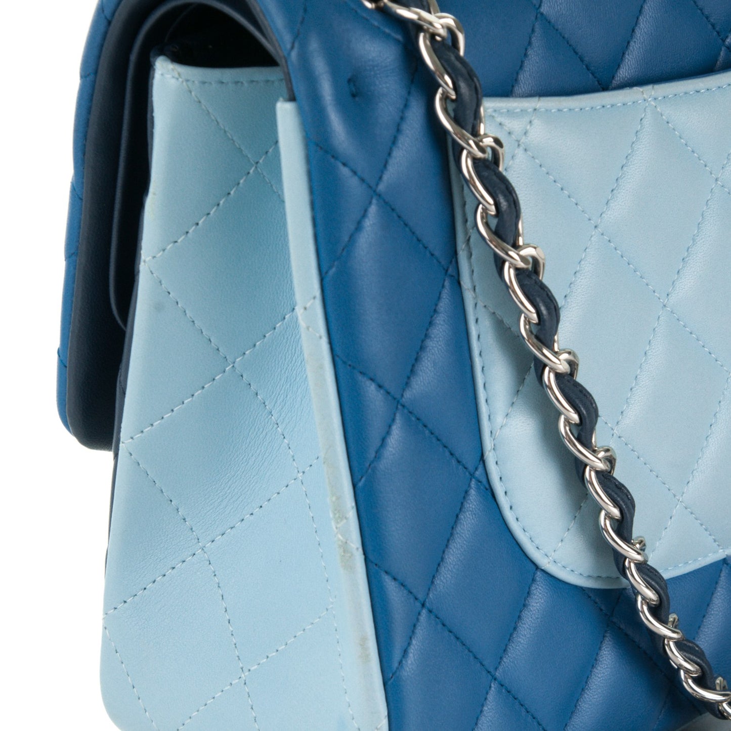 Lambskin Quilted Jumbo Tri-Color Double Flap Blue