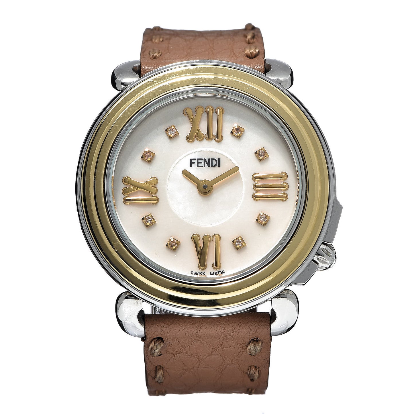 Stainless Steel Calfskin Diamond Mother of Pearl 37mm Selleria Quartz Watch Brown