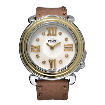 Fendi Stainless Steel Calfskin Diamond Mother of Pearl 37mm Selleria Quartz Watch Brown 1 of 10
