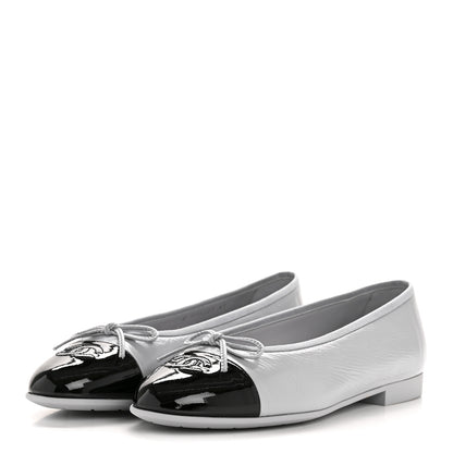 Chanel Shiny Crumpled Calfskin Patent CC Cap Toe Ballerina Flats 41 Grey Black 4 of 10