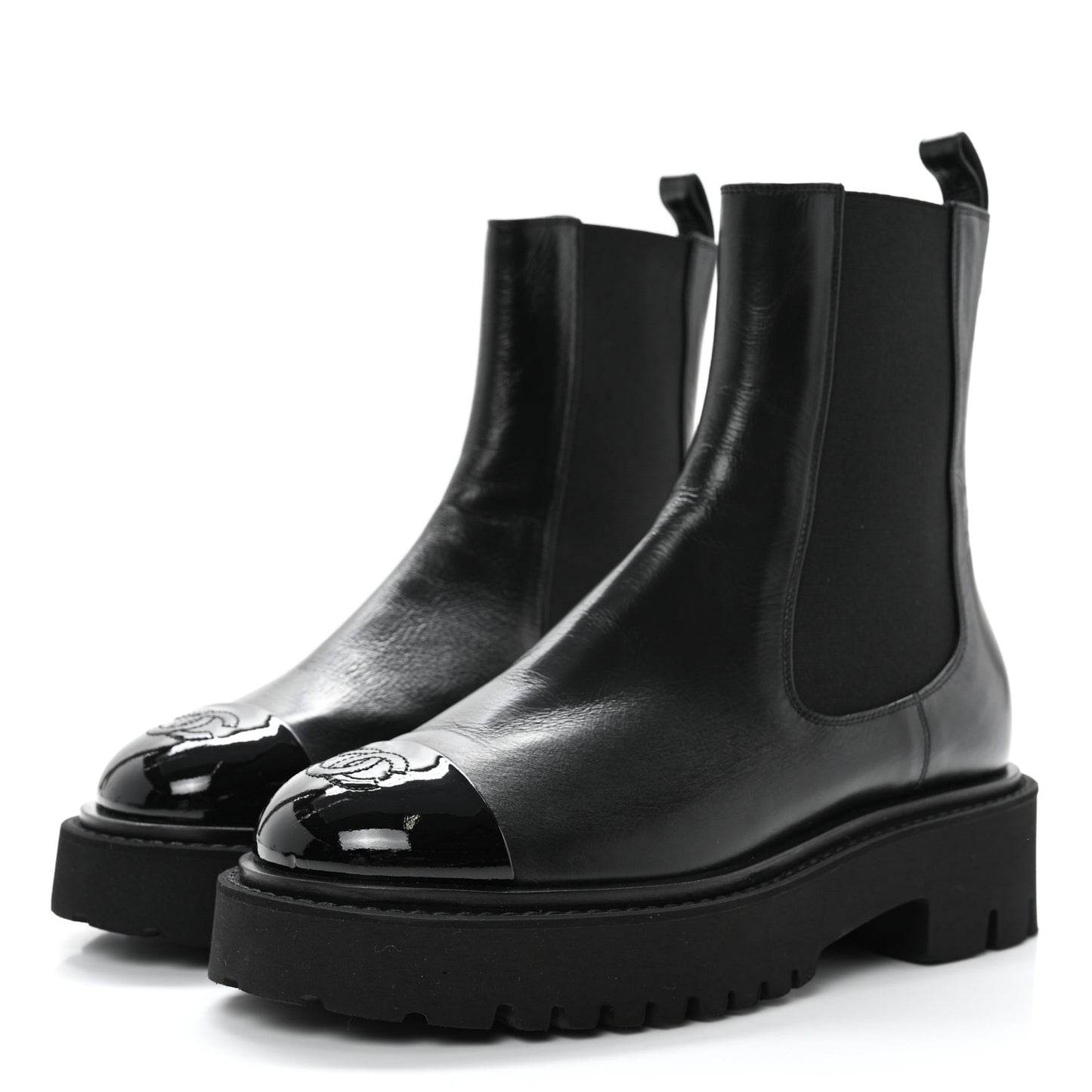 Crumpled Calfskin Patent Cap Toe Short Boots 37 Black
