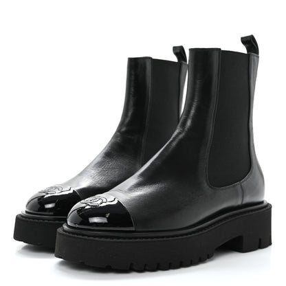 Chanel Crumpled Calfskin Patent Cap Toe Short Boots 37 Black 3 of 9