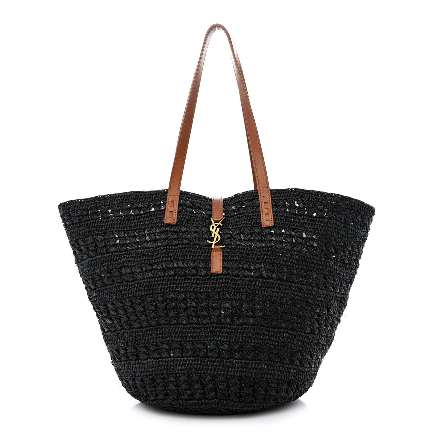 Raffia Calfskin Medium Panier Tote Black