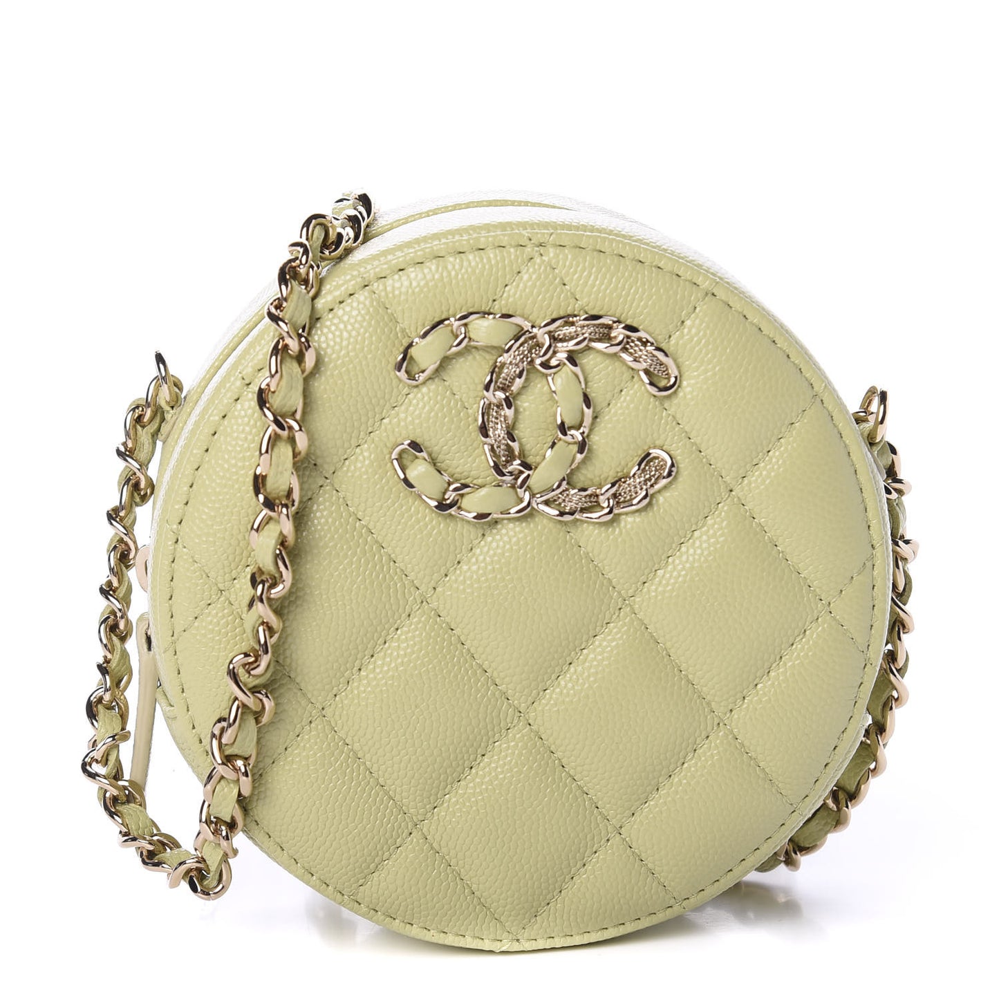 Caviar Quilted French New Wave Round Clutch With Chain Light Green