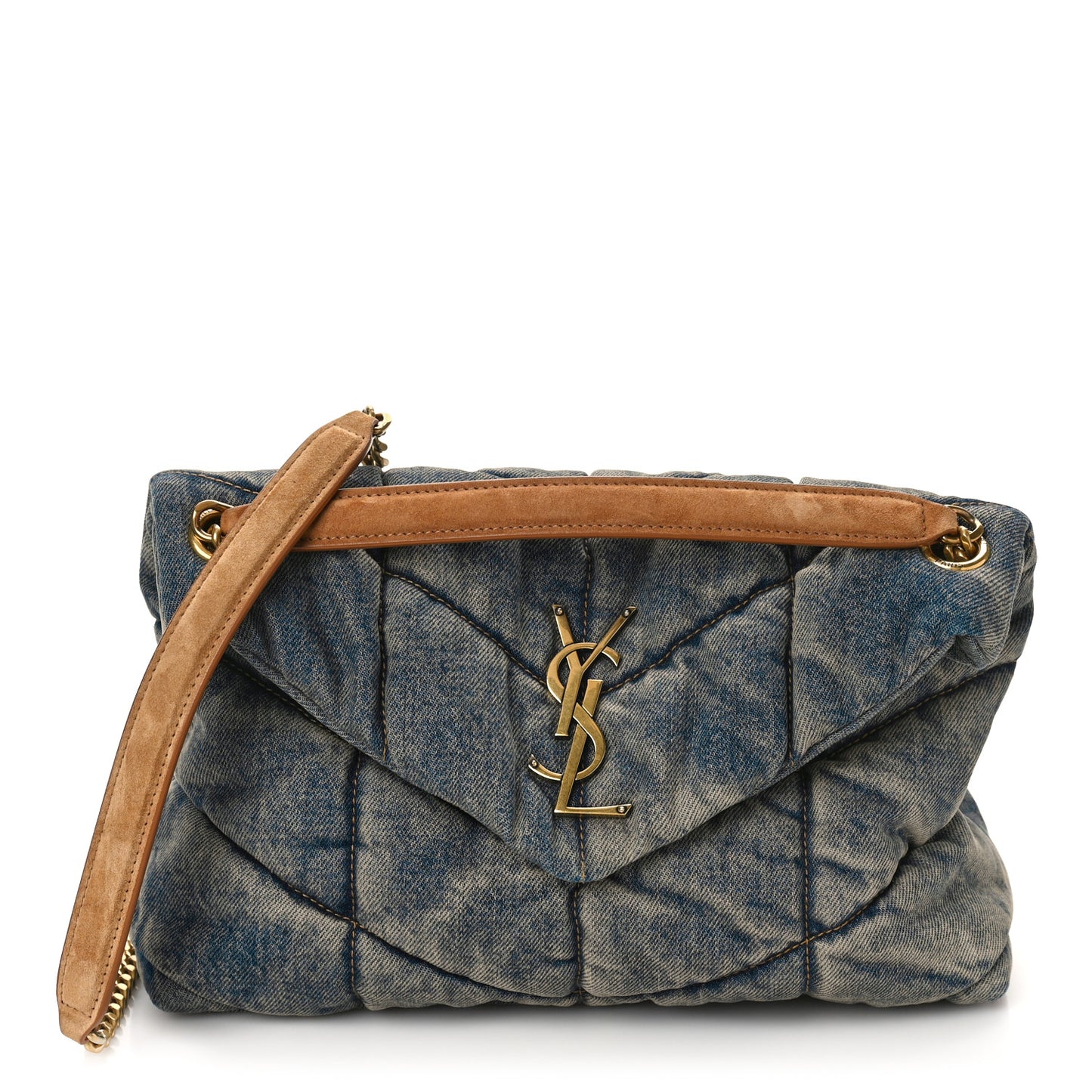 Denim Quilted Small Loulou Puffer Monogram Chain Satchel Blue Cinnamon