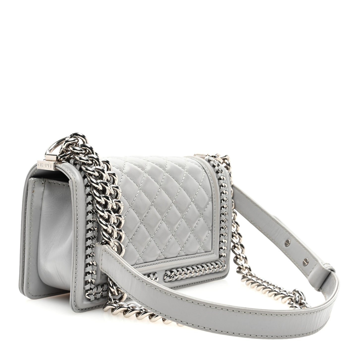 Iridescent Lambskin Quilted Small Chain Around Boy Flap Grey