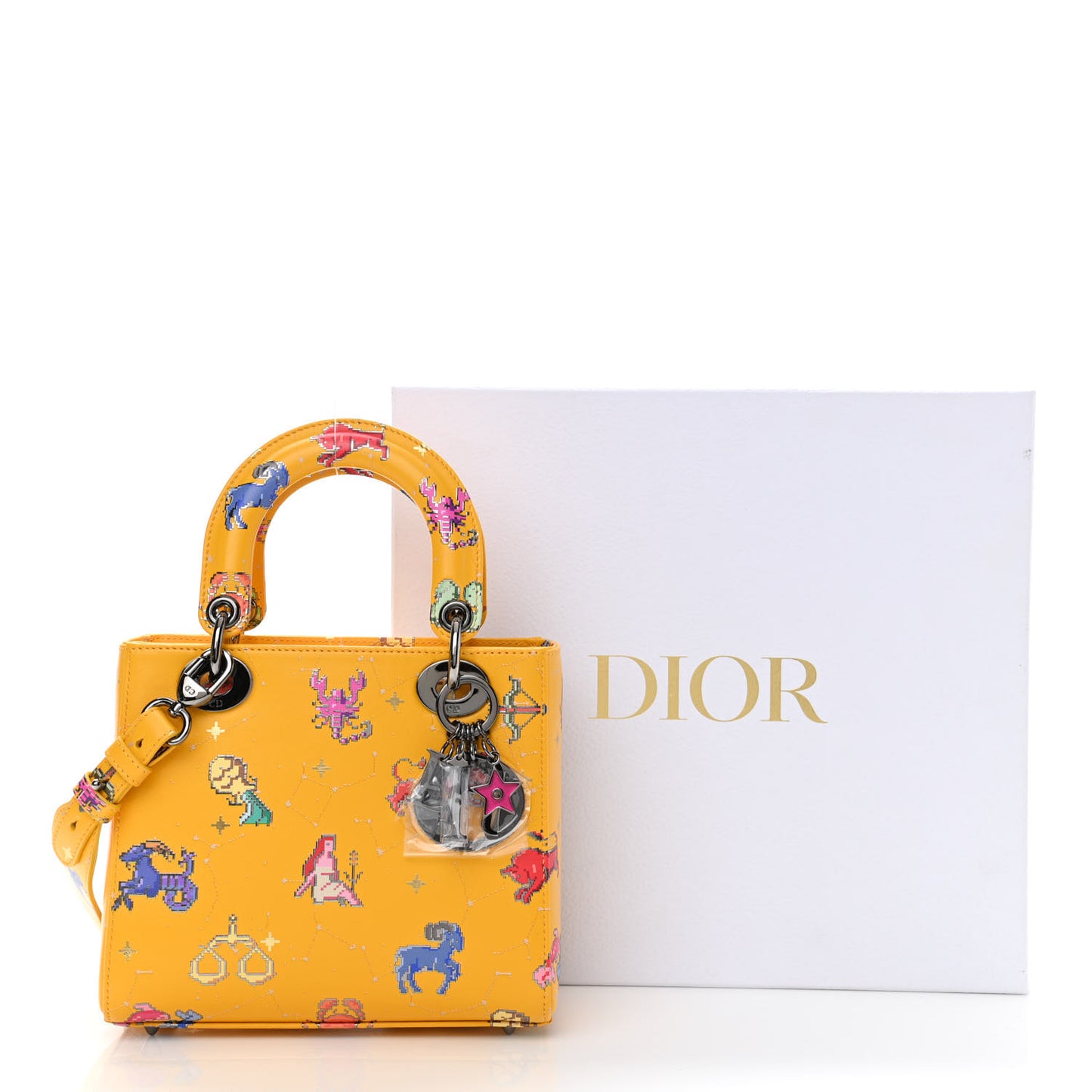 Calfskin Pixel Zodiac Small Lady Dior Yellow Multicolor
