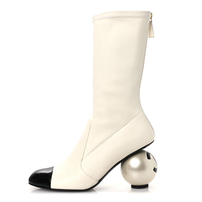 Chanel Stretch Lambskin Patent Cap Toe Pearl Ball Mid Calf Boots 39 White Black 1 of 12