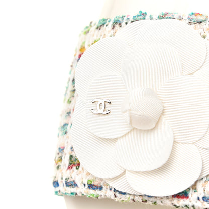 Chanel Tweed Grosgrain Camellia CC Flat Mules 41 Ecru Green Ivory 12 of 13