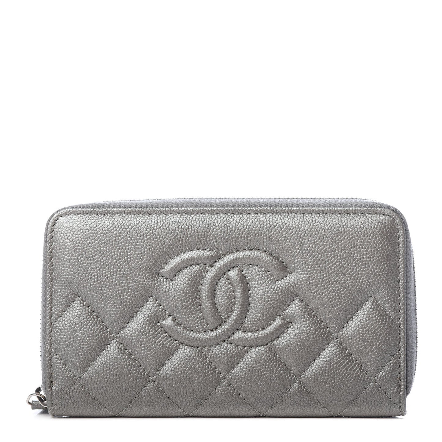 Metallic Caviar Quilted Medium Maxi CC Zip Around Wallet Grey
