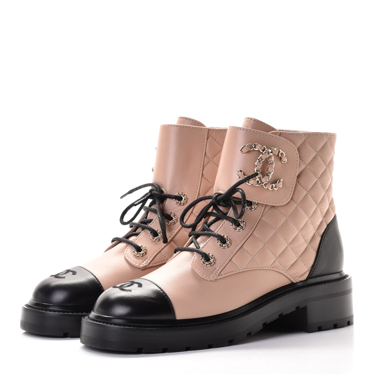 Chanel Shiny Lambskin Quilted Lace Up Combat Boots 39 Beige Black 3 of 8