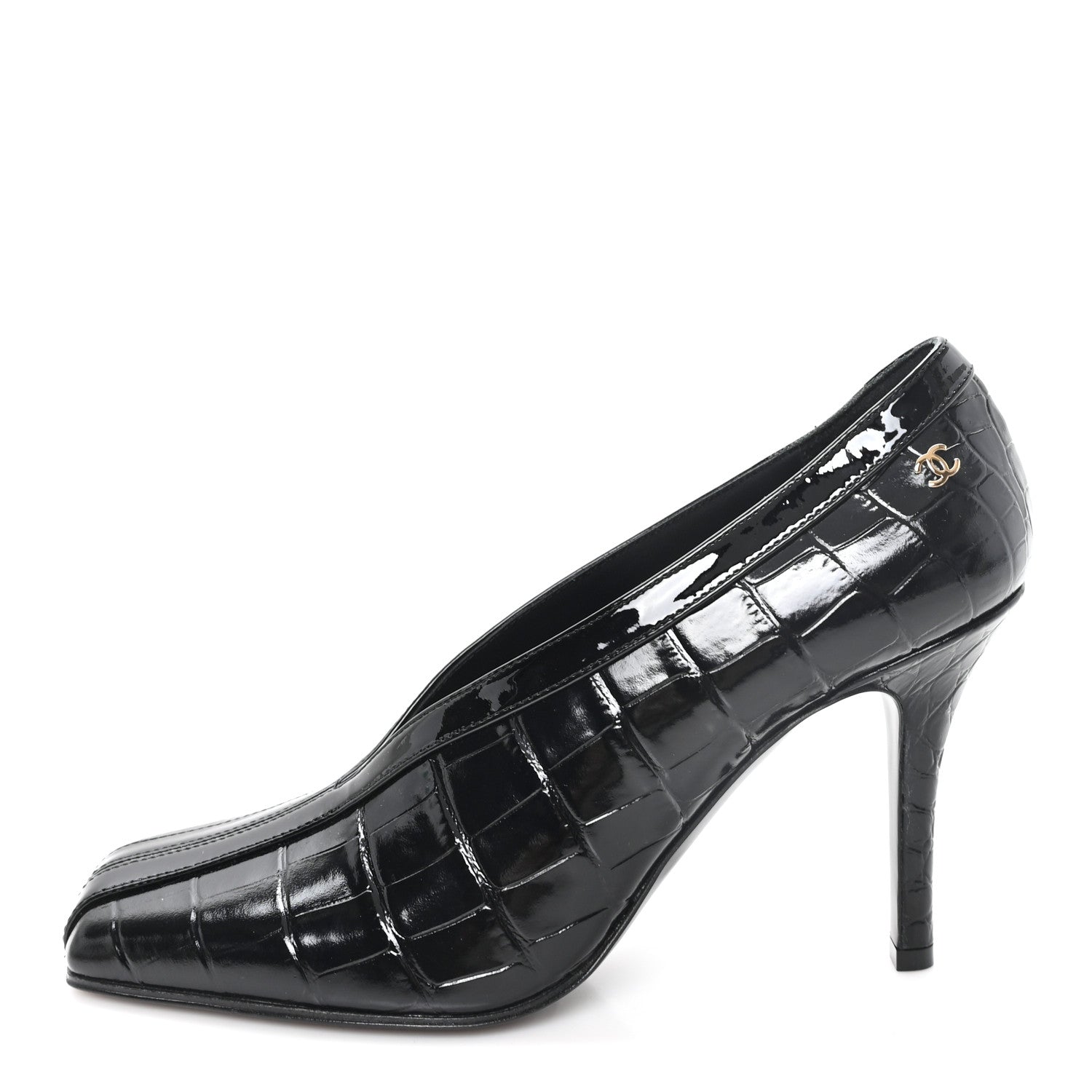 Chanel Crocodile Embossed Patent Calfskin Pumps 38 Black 1 of 10