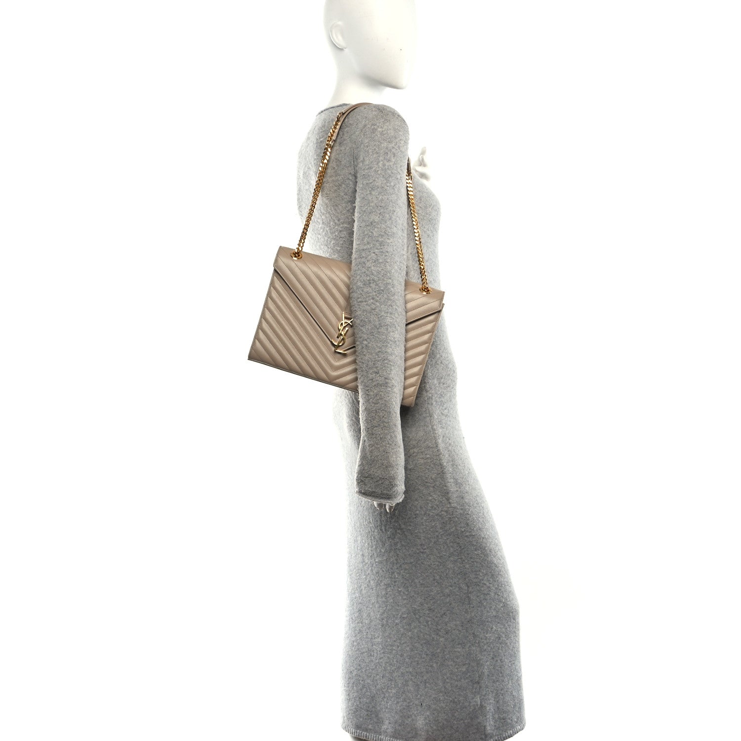 Saint Laurent Grain De Poudre Matelasse Chevron Large Monogram Satchel Dark Beige 2 of 11
