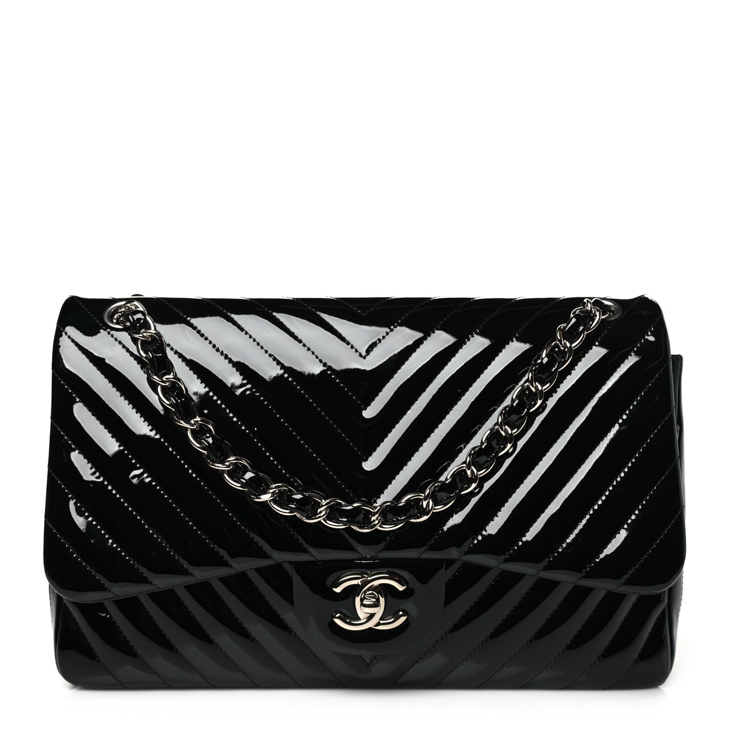 Patent Chevron Quilted Jumbo Double Flap Black