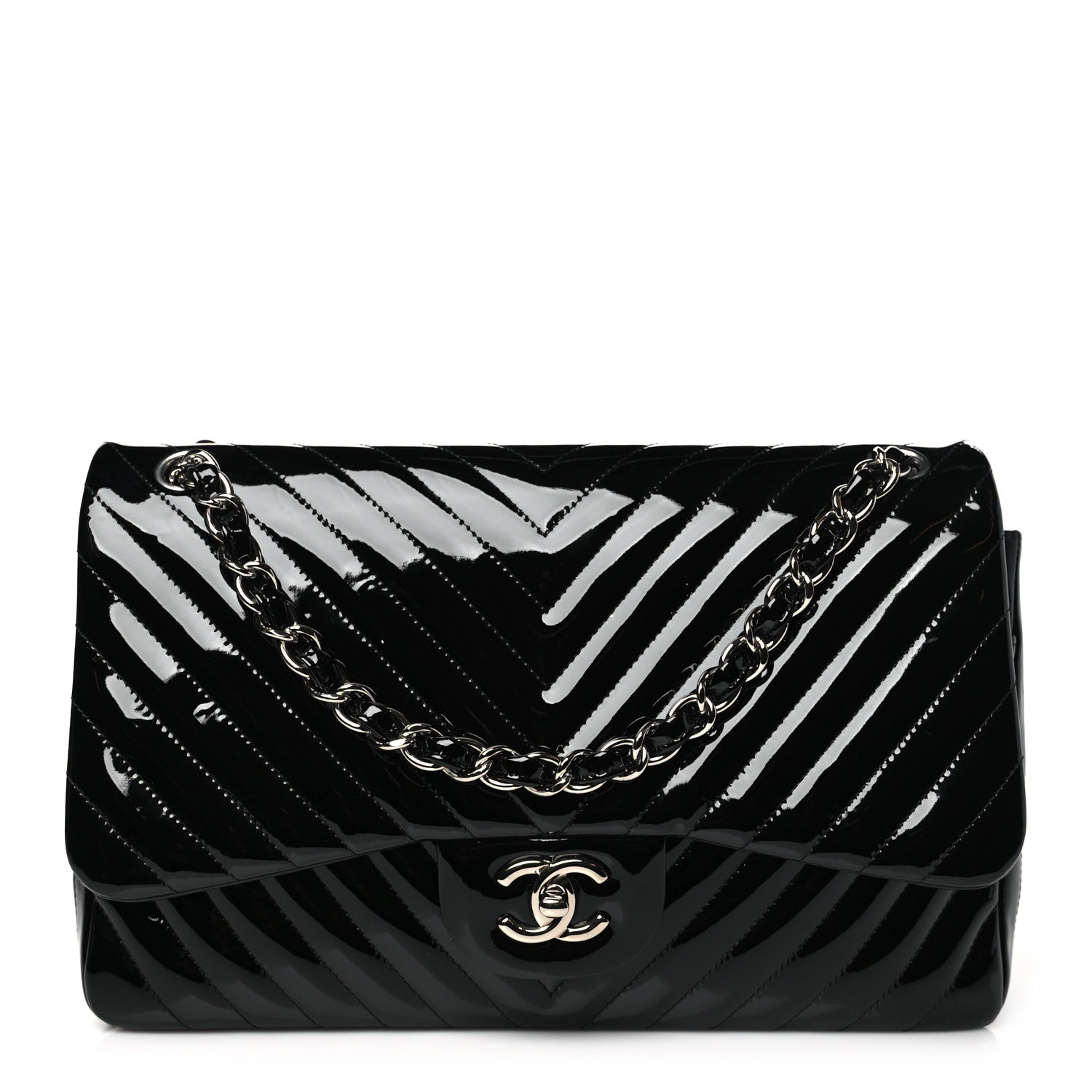 Chanel Patent Chevron Quilted Jumbo Double Flap Black 1 of 10
