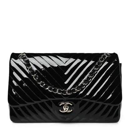 Chanel Patent Chevron Quilted Jumbo Double Flap Black 1 of 10