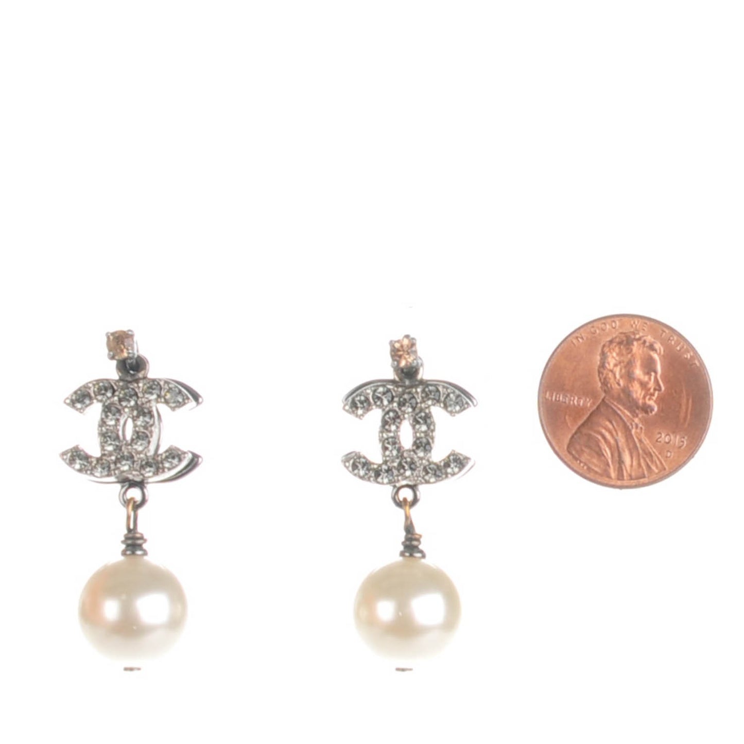 Crystal Pearl CC Drop Earrings Silver