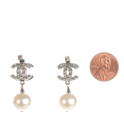 Chanel Crystal Pearl CC Drop Earrings Silver 2 of 5