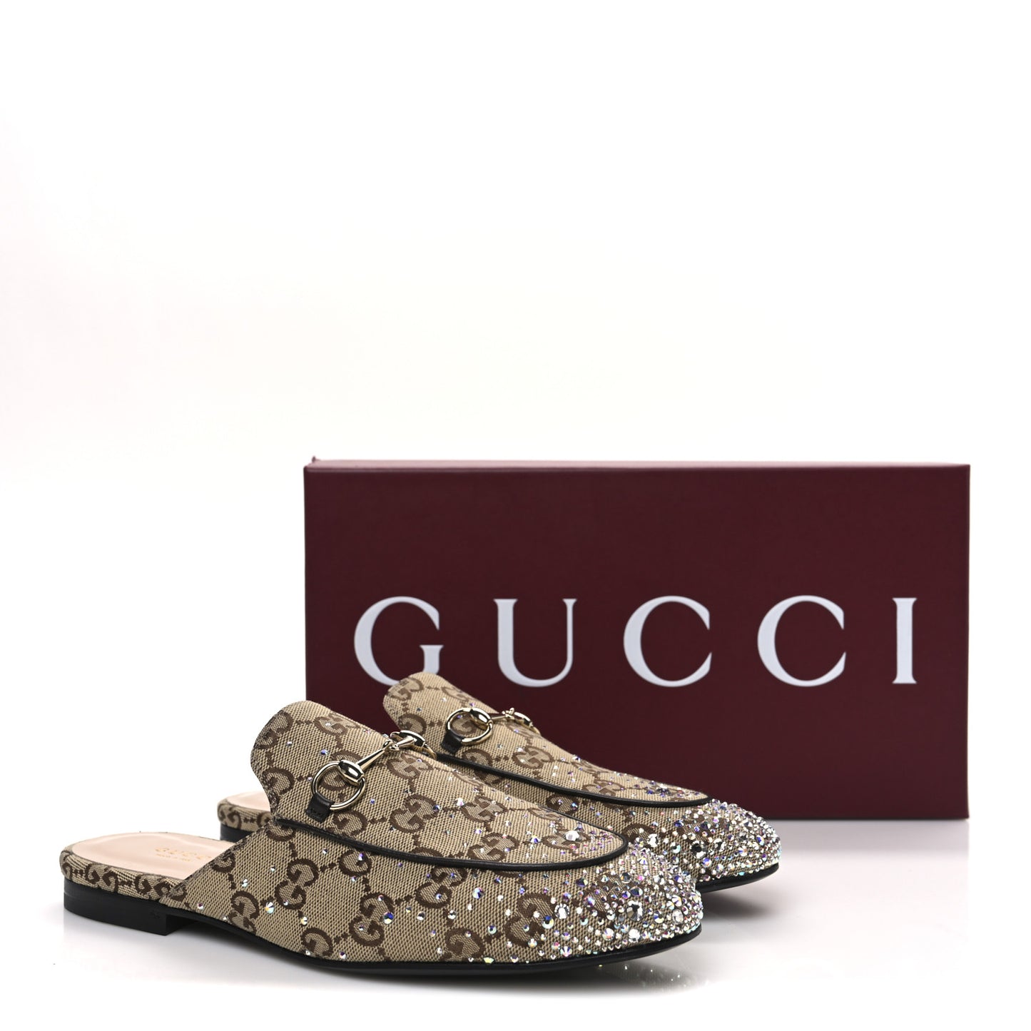 Crystal Canvas GG Monogram Nappa Womens Princetown Slippers 38 Beige Ebony New Acero