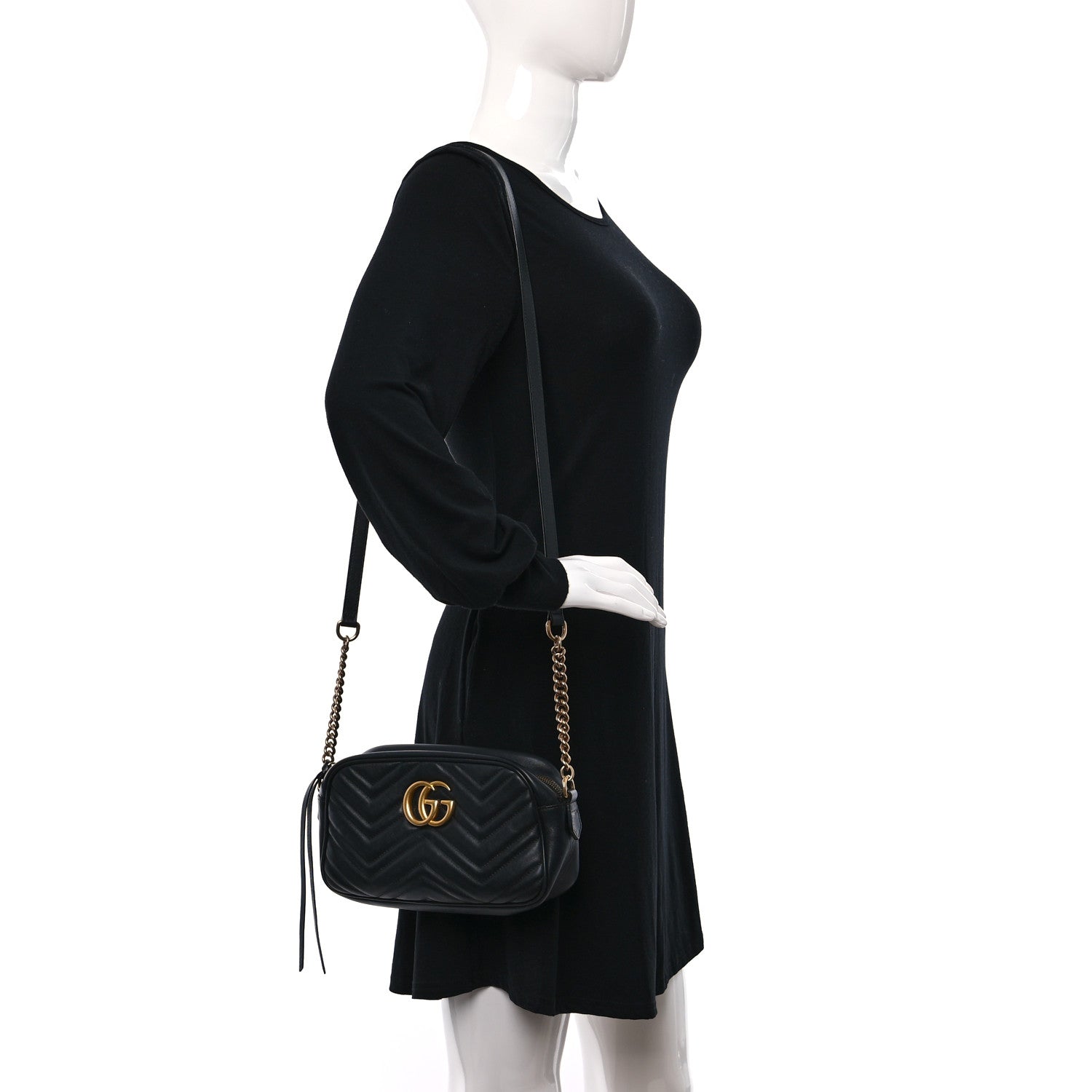 Gucci Calfskin Matelasse Small GG Marmont Chain Shoulder Bag Black 2 of 10