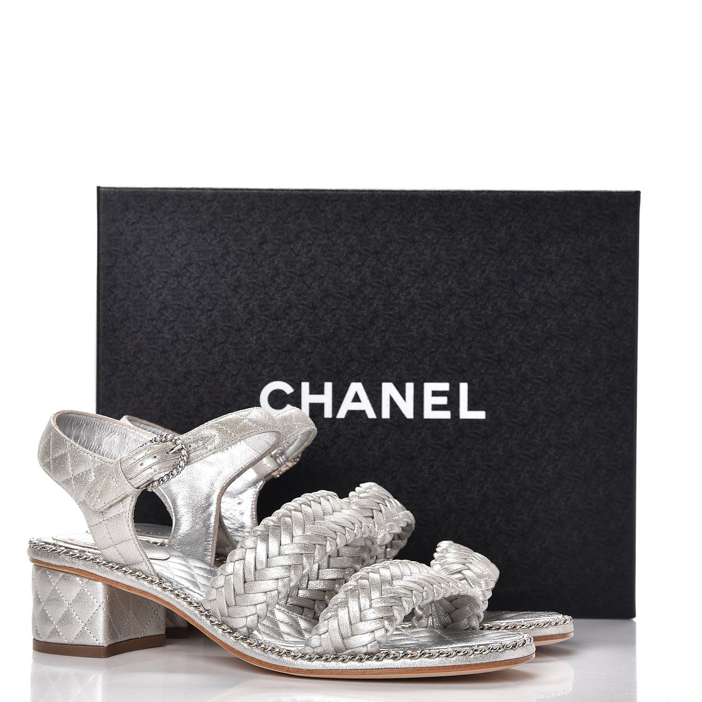 Metallic Goatskin Quilted Chain Sandals 39 Silver