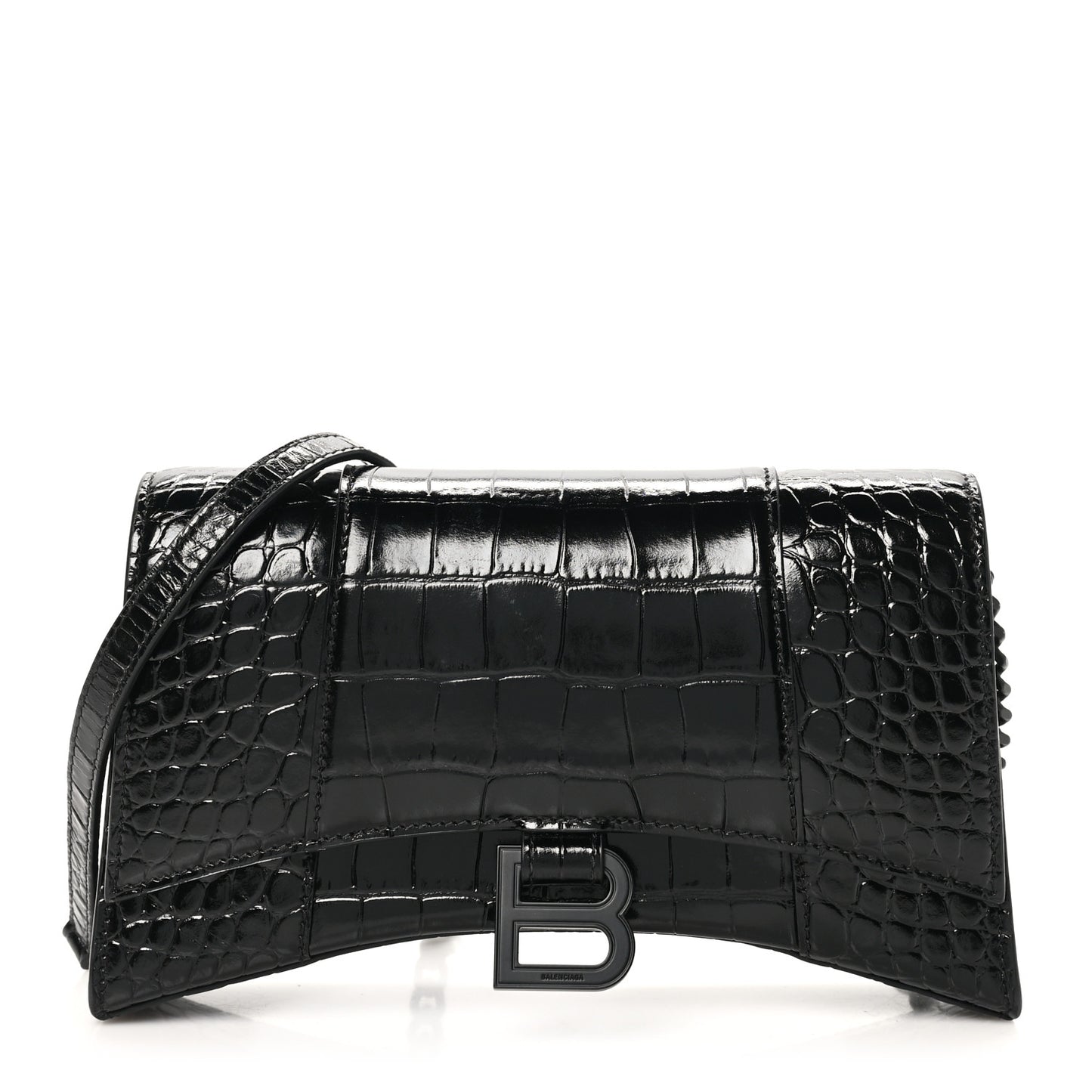 Shiny Calfskin Monochrome Crocodile Embossed Small Hourglass Evening Chain Bag Black