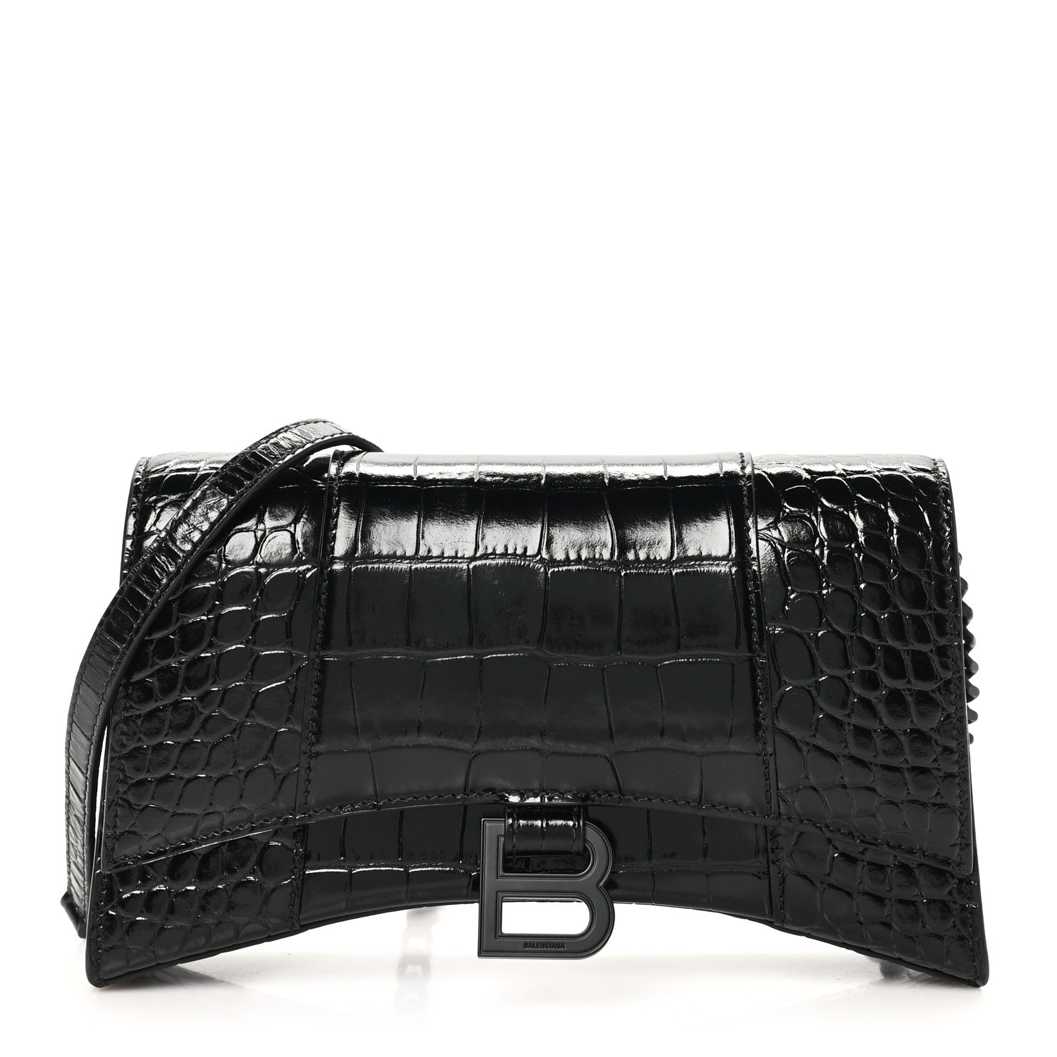 Balenciaga Shiny Calfskin Monochrome Crocodile Embossed Small Hourglass Evening Chain Bag Black 1 of 10