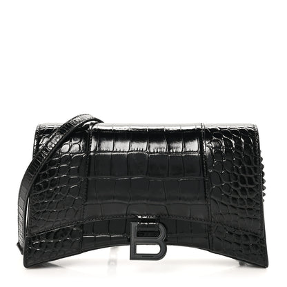 Balenciaga Shiny Calfskin Monochrome Crocodile Embossed Small Hourglass Evening Chain Bag Black 1 of 10