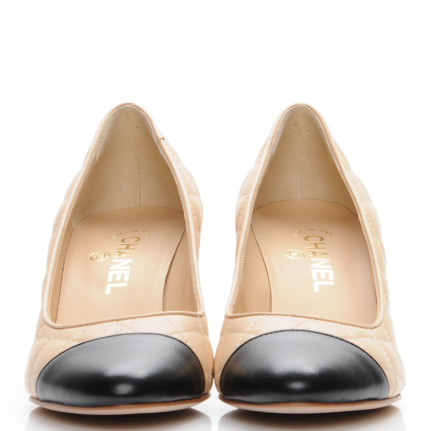 Lambskin Quilted Cap Toe Pumps 38.5 Beige Black