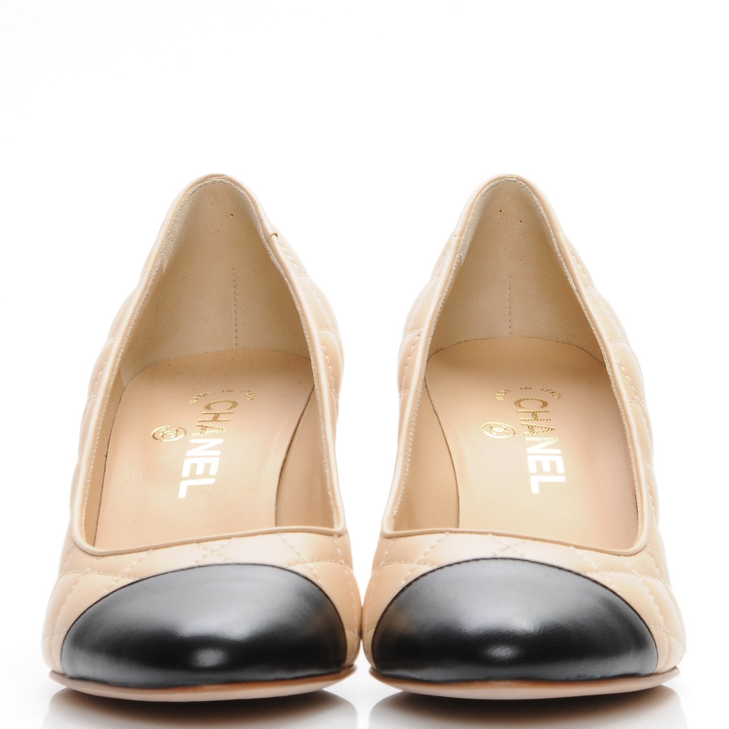 Chanel Lambskin Quilted Cap Toe Pumps 38.5 Beige Black 2 of 8