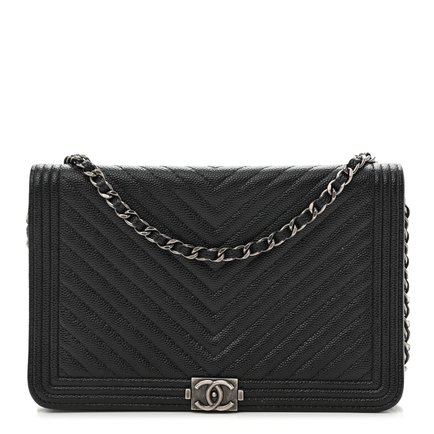 Caviar Chevron Quilted Boy Wallet On Chain WOC Black