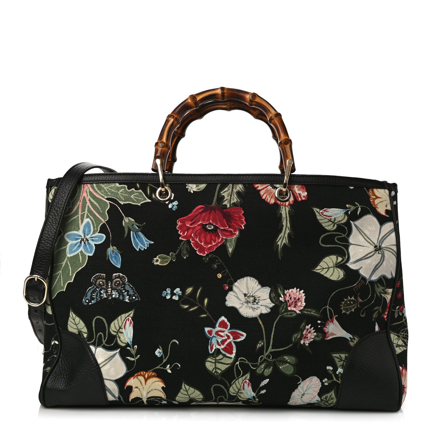 Gucci Canvas Cellarius Calfskin Flora Knight Large Bamboo Shopper Tote Black 1 of 10