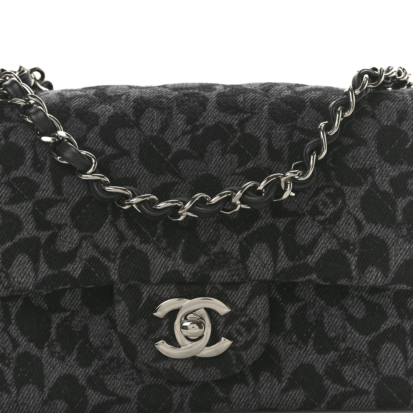 Printed Denim Quilted Flower Mini Rectangular Flap Black