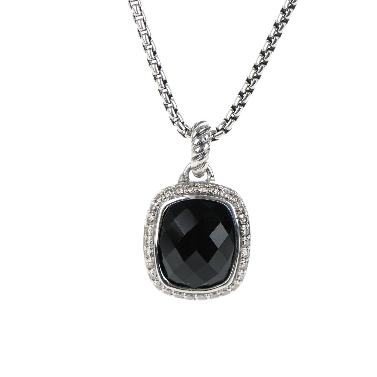 Sterling Silver Pave Diamond Black Onyx 12mm Noblesse Pendant Necklace