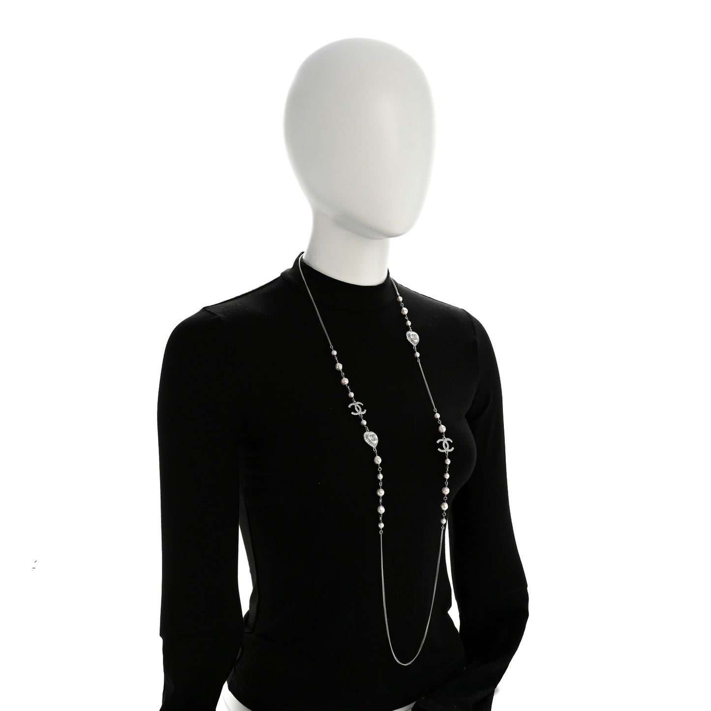 Crystal Pearl CC Heart Long Necklace Silver