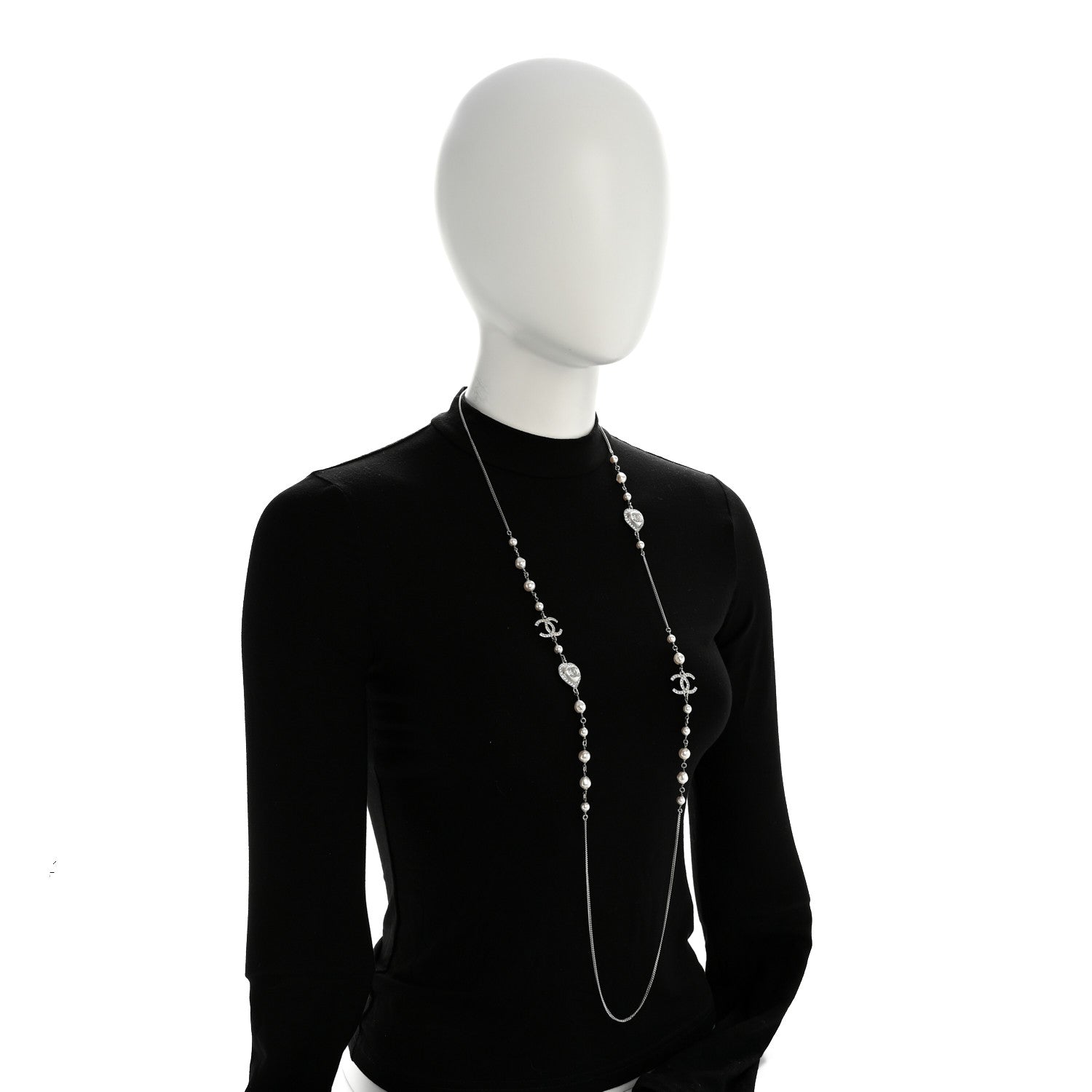Chanel Crystal Pearl CC Heart Long Necklace Silver 2 of 5