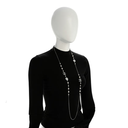 Chanel Crystal Pearl CC Heart Long Necklace Silver 2 of 5