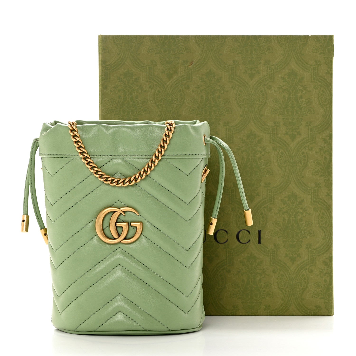 Gucci Calfskin Matelasse Chevron Mini GG Marmont 2.0 Bucket Bag Salamander Green 9 of 9