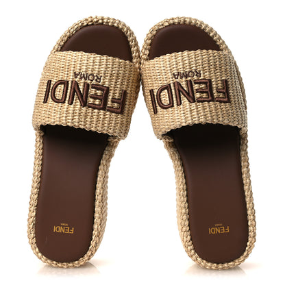 Fendi Raffia Womens FF Sunshine Flatform Slide Sandals 39.5 Beige 2 of 11