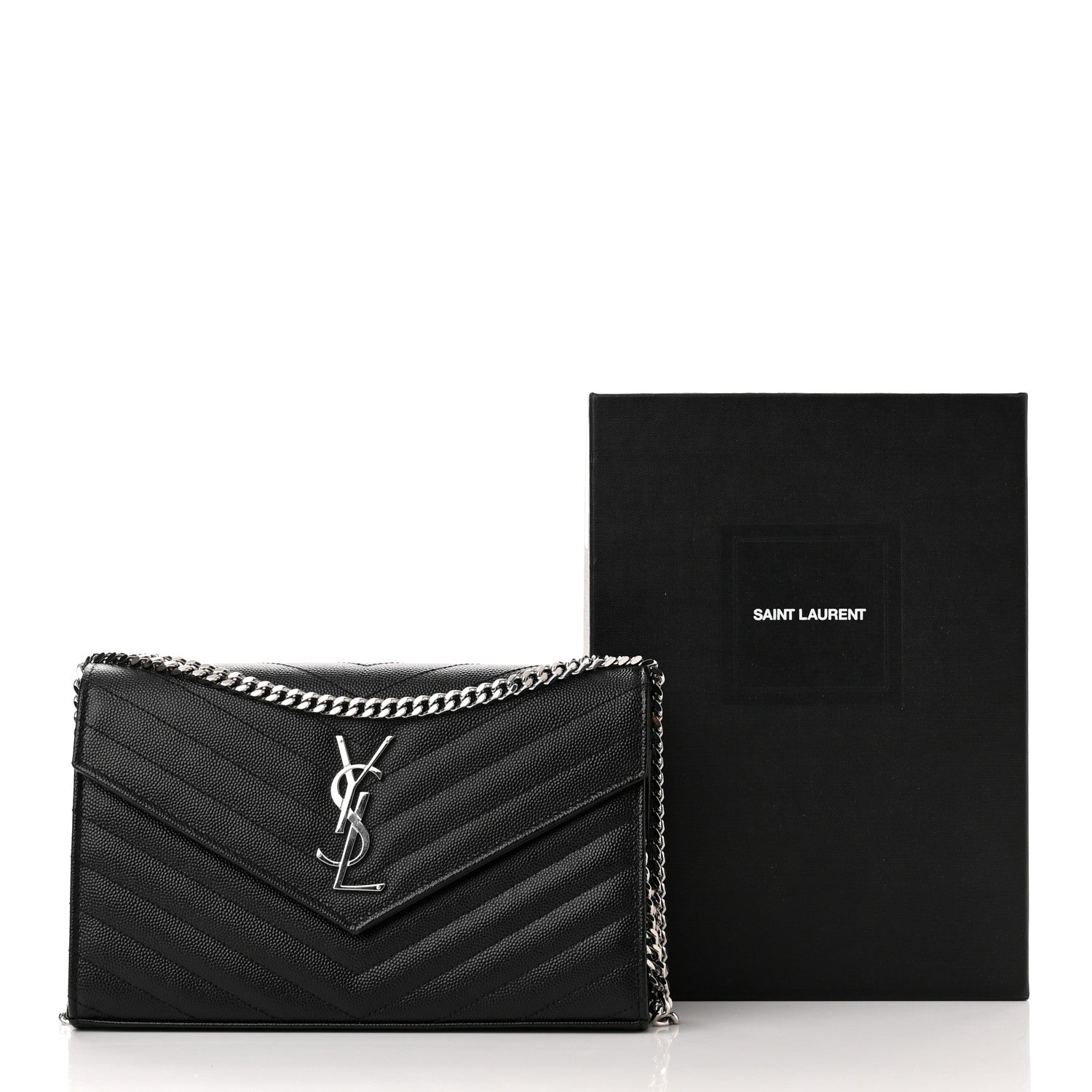 Saint Laurent Grain De Poudre Matelasse Chevron Monogram Chain Wallet Black 10 of 10